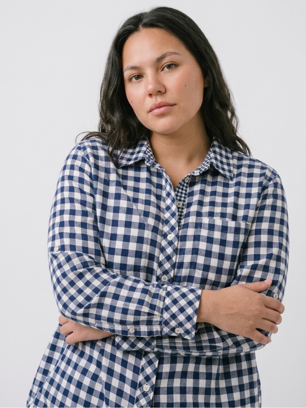 Talbots Navy and White Gingham Button-Down Shirt